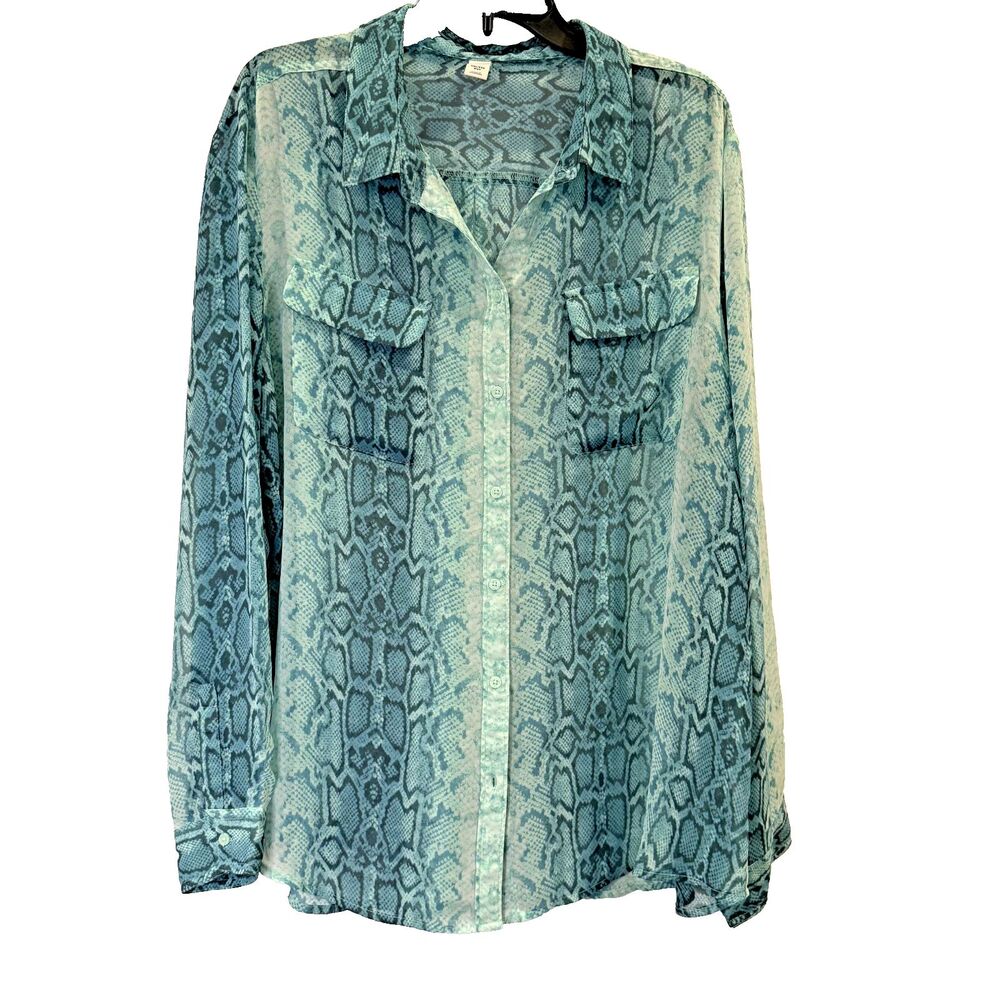 Old Navy Womens Blue Python Office Shirt XXL Top Button Up Long Sleeve Pockets